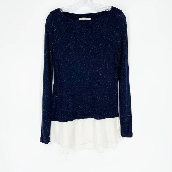 Loft Long Sleeve Peplum Speckled Navy Top Size Small - Picture 1 of 6